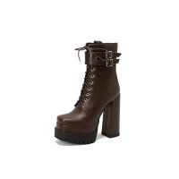 Round Toe Chunky Heels Side Zipper Platforms Ankle Straps LaceUp Boots - Brown
