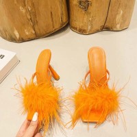 Square Open Toe Fluffy Furry Summer Slides Stiletto Sandals - Orange Patent
