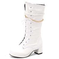 Round Toe Metal Chain String Bead Knee Highs Lace Up Chunky Heels Boots - White  Patent