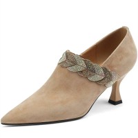 Pointed Toe Kitten Heels Genuine Leather Side Zipper Pumps - Apricot