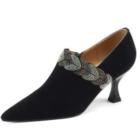 Pointed Toe Kitten Heels Genuine Leather Side Zipper Pumps - Black