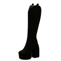 Round Toe Chunky Heels Knee Highs Matte Platforms Boots - Black Flock