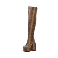Round Toe Chunky Heels Platforms Over The Knee Snake Print Booties with Side Zipper - Auburn