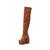 Round Toe Chunky Heels Platforms Over The Knee Snake Print Booties with Side Zipper - Orange