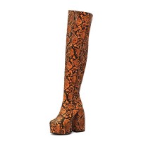 Round Toe Chunky Heels Platforms Over The Knee Snake Print Booties with Side Zipper - Orange