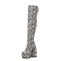 Round Toe Chunky Heels Platforms Over The Knee Snake Print Booties with Side Zipper - White