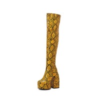Round Toe Chunky Heels Platforms Over The Knee Snake Print Booties with Side Zipper - Yellow