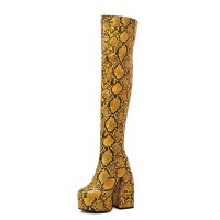 Round Toe Chunky Heels Thigh High Over The Knees Platforms Snake Pattern Boots - Yellow Faux Leather