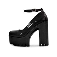 Round Toe Chunky Heels Ankle Buckle Straps Platforms Sandals - Black