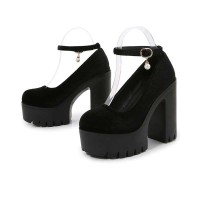 Round Toe Chunky Heels Ankle Buckle Straps Platforms Sandals - Black