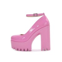 Round Toe Chunky Heels Ankle Buckle Straps Platforms Sandals - Pink