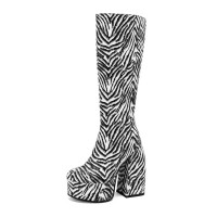 Round Toe Siberian Tiger Pattern Chunky Heels Knee Highs Platforms Boots - White Black Patent