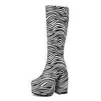 Round Toe Zebra Pattern Chunky Heels Knee Highs Platforms Boots - White Black Patent