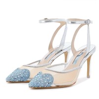 Stiletto Heels Pointed Toe Heart Colorful Ankle Buckle Straps Pumps Sandals - Blue