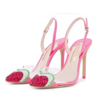 Stiletto Heels Pointed Toe Fruit Heart Colorful Slingback Straps Pumps Sandals - Pink
