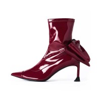 Pointed Toe Butterfly Knots Thin Heels Autumn Winter Boots  with Side Zipper - Red