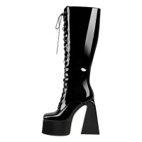 Square Toe Chunky Heels Side Zipper Platforms Knee Highs  Lace Up Boots - Black Patent