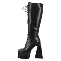 Square Toe Chunky Heels Side Zipper Platforms Knee Highs  Lace Up Boots - Black Faux Leather