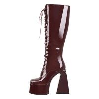 Square Toe Chunky Heels Side Zipper Platforms Knee Highs  Lace Up Boots - Burgundy Patent