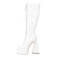Square Toe Chunky Heels Side Zipper Platforms Knee Highs  Lace Up Boots - White Patent