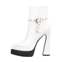 Pointed Toe Ankle High Side Zipper Double Platforms Chunky Heels Booties - White Faux Leather