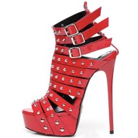 Peep Toe Gladiators Ankle Buckle Straps Stiletto Heels Platforms Rivets Pumps - Red