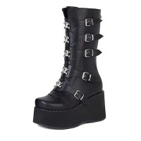 Round Toe Metal Skull Five-Row Belt Buckle Punk Style Knee Highs Wedges Platforms Boots - Black Faux Leather