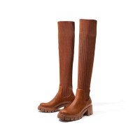 Round Toe Autumn Thigh High Socks Chelsea Boots - Auburn