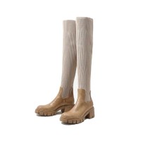 Round Toe Autumn Thigh High Socks Chelsea Boots - Khaki