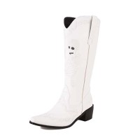 Pointed Toe Chunky Heels Embroidered Skull Pattern Knee Highs Slip On Cowboy Boots - White Faux Leather