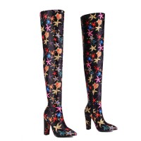 Pointed Toe Starfish Print Chunky Heels Over the Knee Boots - Black