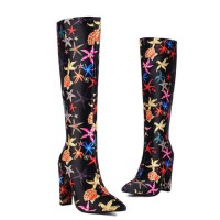Pointed Toe Starfish Print Chunky Heels Knee Highs Boots - Black