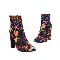 Pointed Toe Starfish Print Chunky Ankle Highs Boots - Black