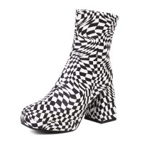 Square Toe Checkerboard Plaid Pattern Chunky Heels Ankle Highs Boots - Black Faux Leather