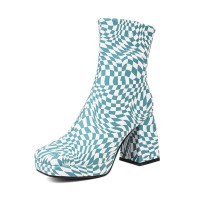 Square Toe Checkerboard Plaid Pattern Chunky Heels Ankle Highs Boots - Blue Faux Leather