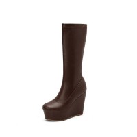 Round Toe Wedges Heels Platforms Knee Highs Booties with Side Zipper - Brown
