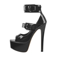 Peep Toe Stiletto Heels Ankle Buckle Straps Platforms Sandals - Black