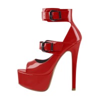 Peep Toe Stiletto Heels Ankle Buckle Straps Platforms Sandals - Red