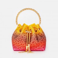 Chain Metal Ring Handle Sunburns Rhinestones Bucket Purse Bags - Orange