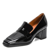 Square Toe Chunky Heels Loafer British College Style Pumps - Black