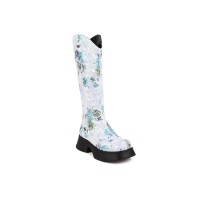 Round Toe Platforms Heels Floral Printed Boots with Back Zipper - Blue