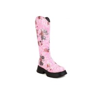 Round Toe Platforms Heels Floral Printed Boots with Back Zipper - Pink
