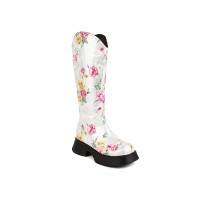 Round Toe Platforms Heels Floral Printed Boots with Back Zipper - White