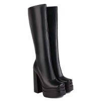 Square Toe Chunky Heels Knee Highs Side Zipper Double Platforms Boots - Black Faux Leather