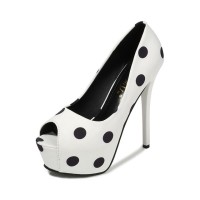 Peep Toe Stiletto Heels Polka Dots Platforms Pumps - White