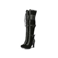 Cuban Heels Round Toe Over the Knee Bow Decorated Lace Up Boots - Black