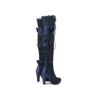 Cuban Heels Round Toe Over the Knee Bow Decorated Lace Up Boots - Blue
