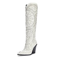 Pointed Toe Chunky Heels Rhinestones Cowboy Western Knee Highs Boots - White