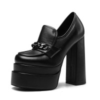 Chunky Heels Round Toe Platforms Loafers Pumps - Black