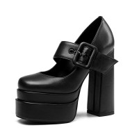 Chunky Heels Round Toe Platforms Mary Janes Pumps - Black